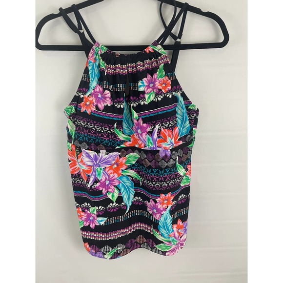 Beach Diva Women's Bathing Top Only Floral Black 12 Halter Tie Colorful - Picture 1 of 7